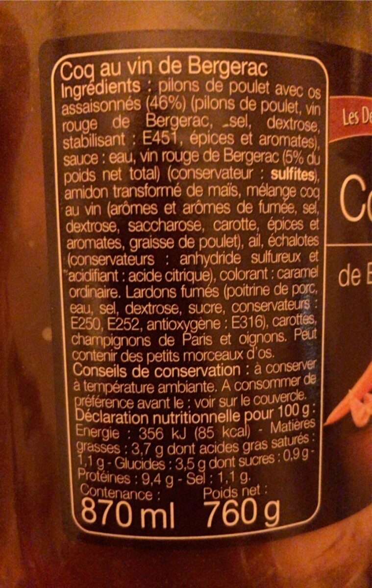 Coq au vin - Nutrition facts - fr