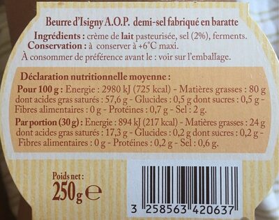 Beurre d'Isigny au sel de Guérande - Nutrition facts - fr