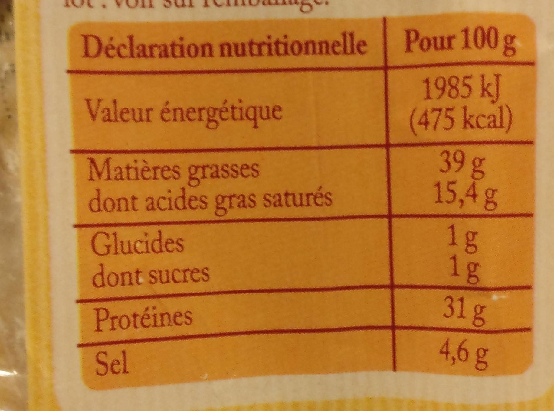 Saucisse sèche d'Auvergne - Tableau nutritionnel
