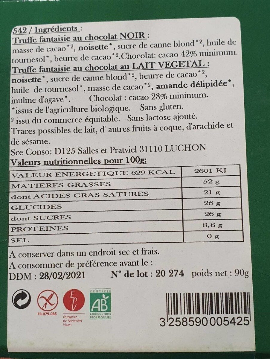 Truffes - Tableau nutritionnel
