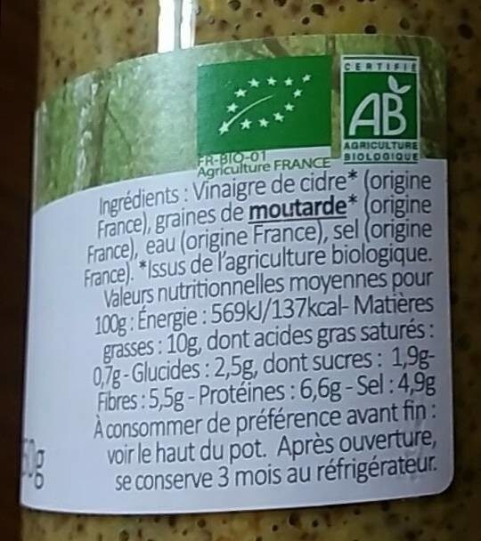 Moutarde à l'ancienne au vinaigre de cidre - Nutrition facts - fr