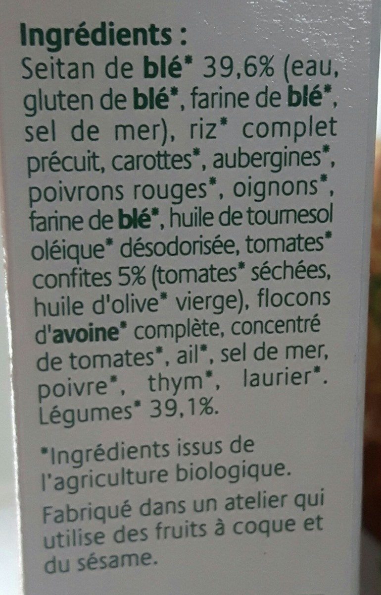 Croc seitan - Légumes Fondants et Tomates Confites - Ingrédients