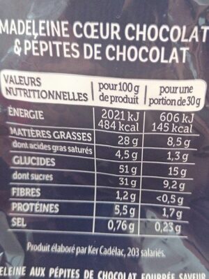 Madeleine cœur chocolat et pépite de chocolat - حقائق غذائية - fr