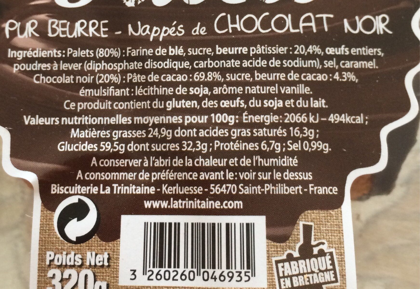 Palets pur beurre nappés de chocolat noir - Tableau nutritionnel
