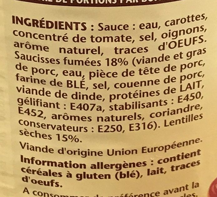 Les Saucisses aux Lentilles - Ingredients - fr