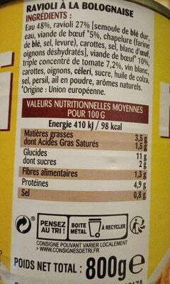 Ravioli bolognaise - Voedingswaarden - fr