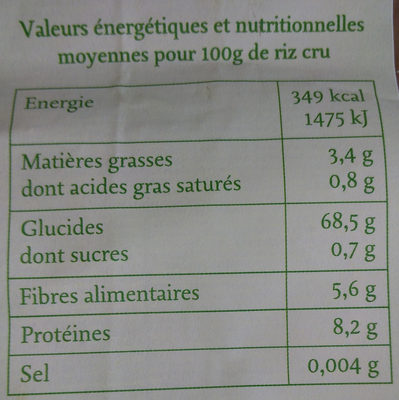 Riz de Camargue rouge long complet - Información nutricional - fr