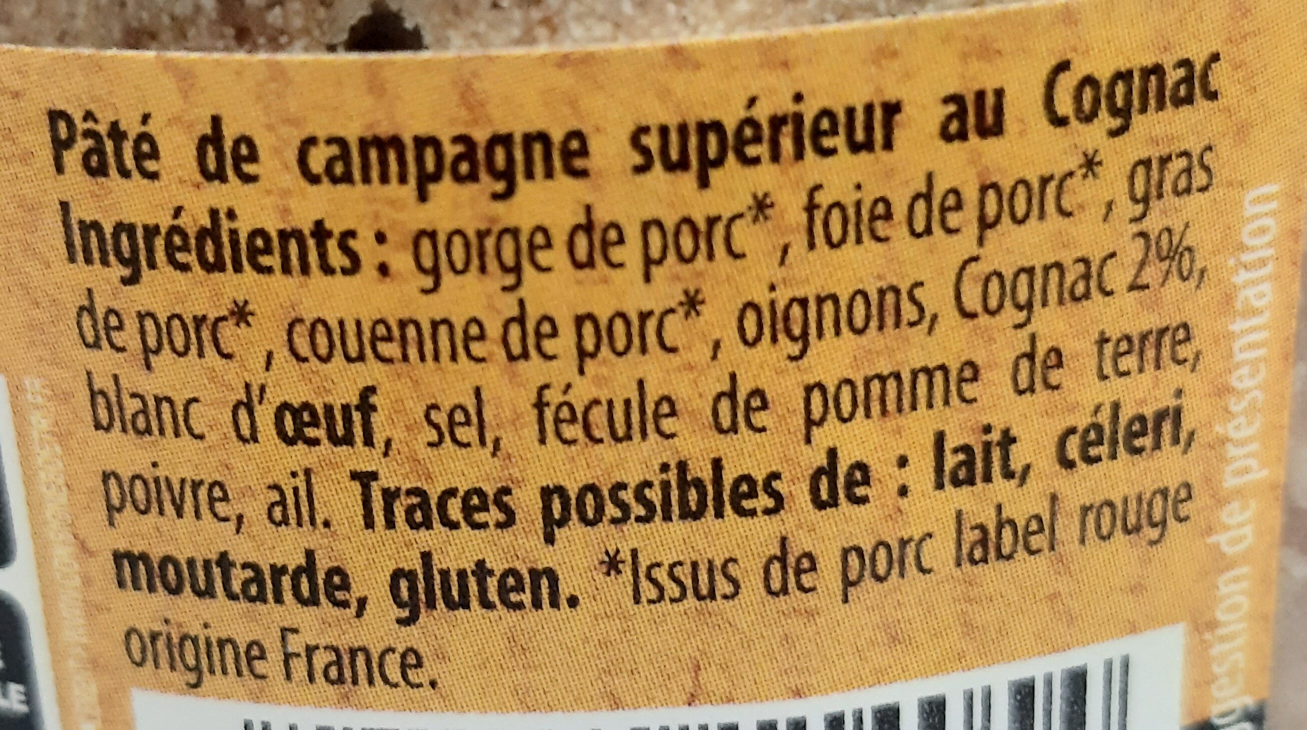 Pâté de Campagne au Cognac Label Rouge - Ingrédients
