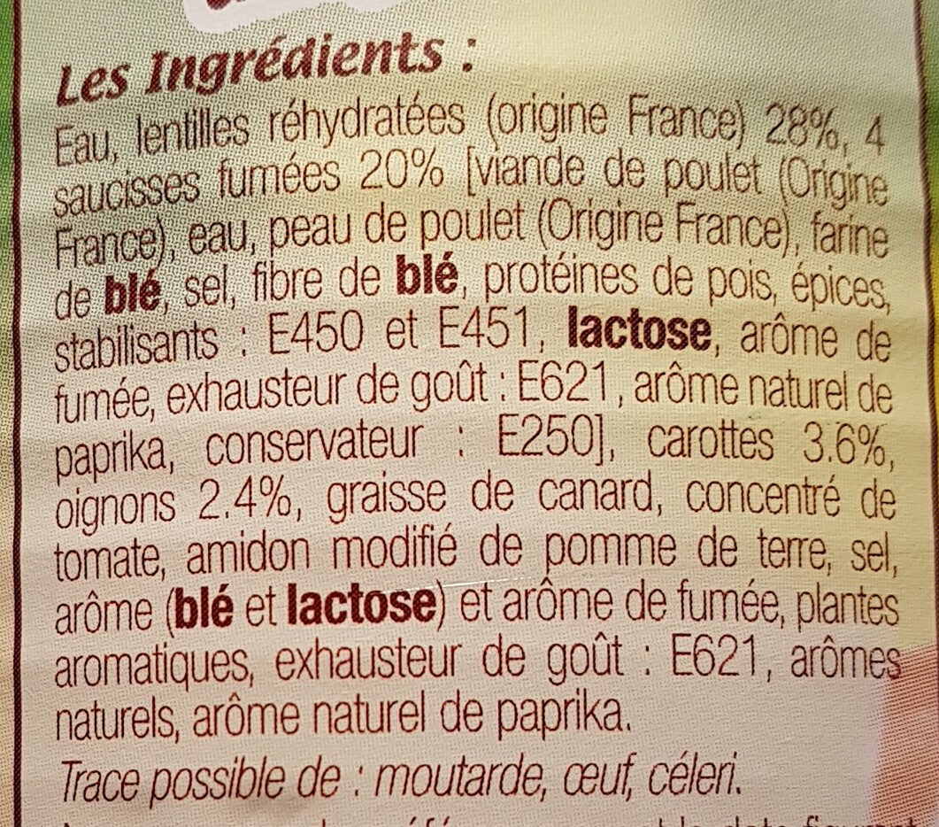 Saucisses de Volaille aux Lentilles - المكونات - fr