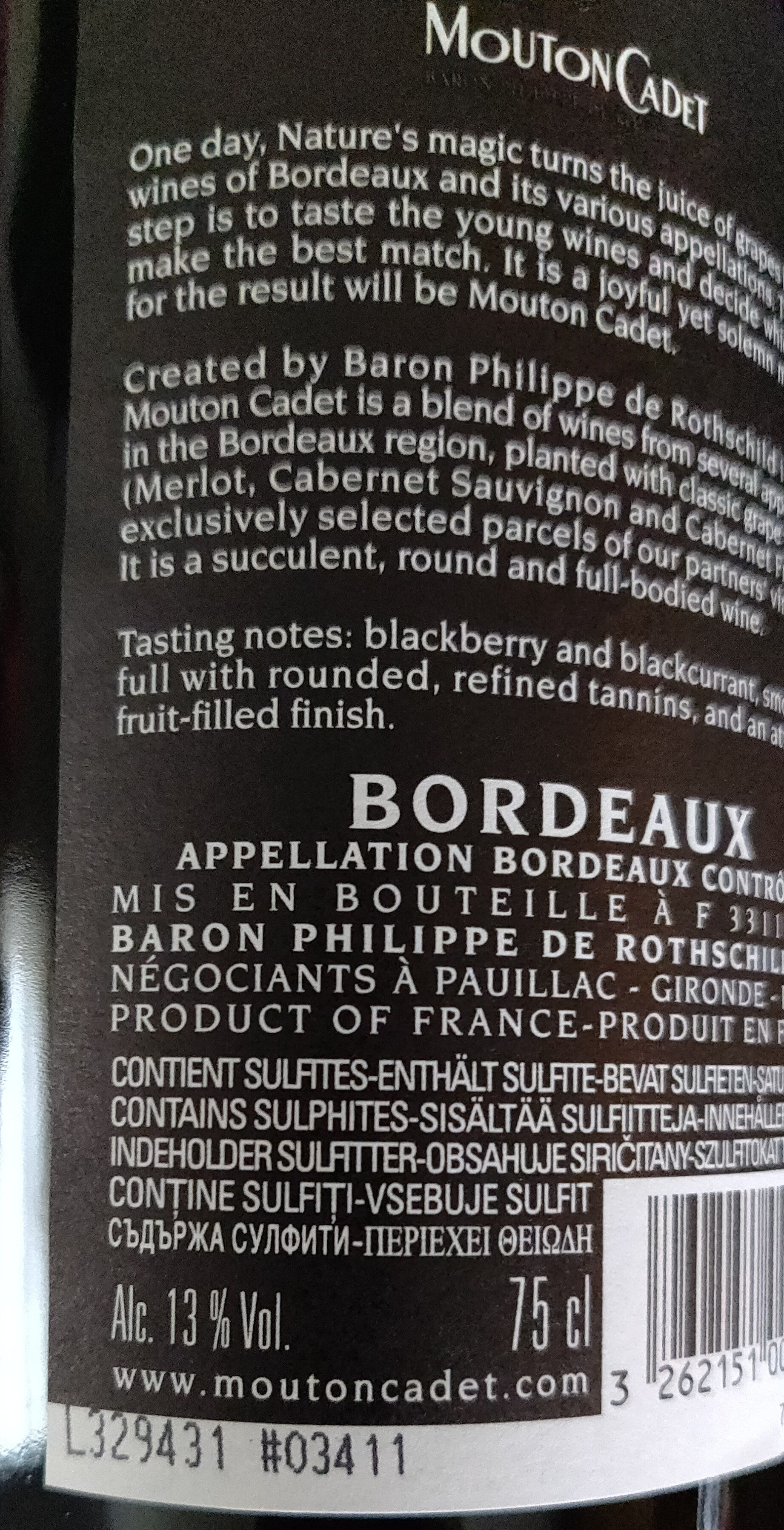 MOUTON CADET Bordeaux - Nutrition facts - fr