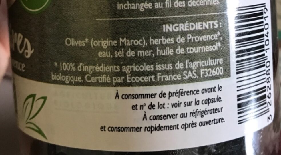 Olives noires biologiques aux herbes de Provence - Ingredients - fr