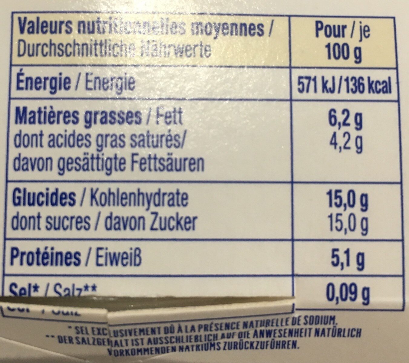 Dessert au fromage blanc Vanille naturelle sur lit myrtille 6,2% MG - Tableau nutritionnel