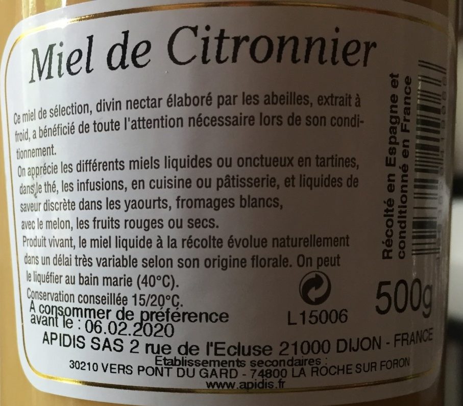 Miel Citronnier 500G - Ingredients - fr