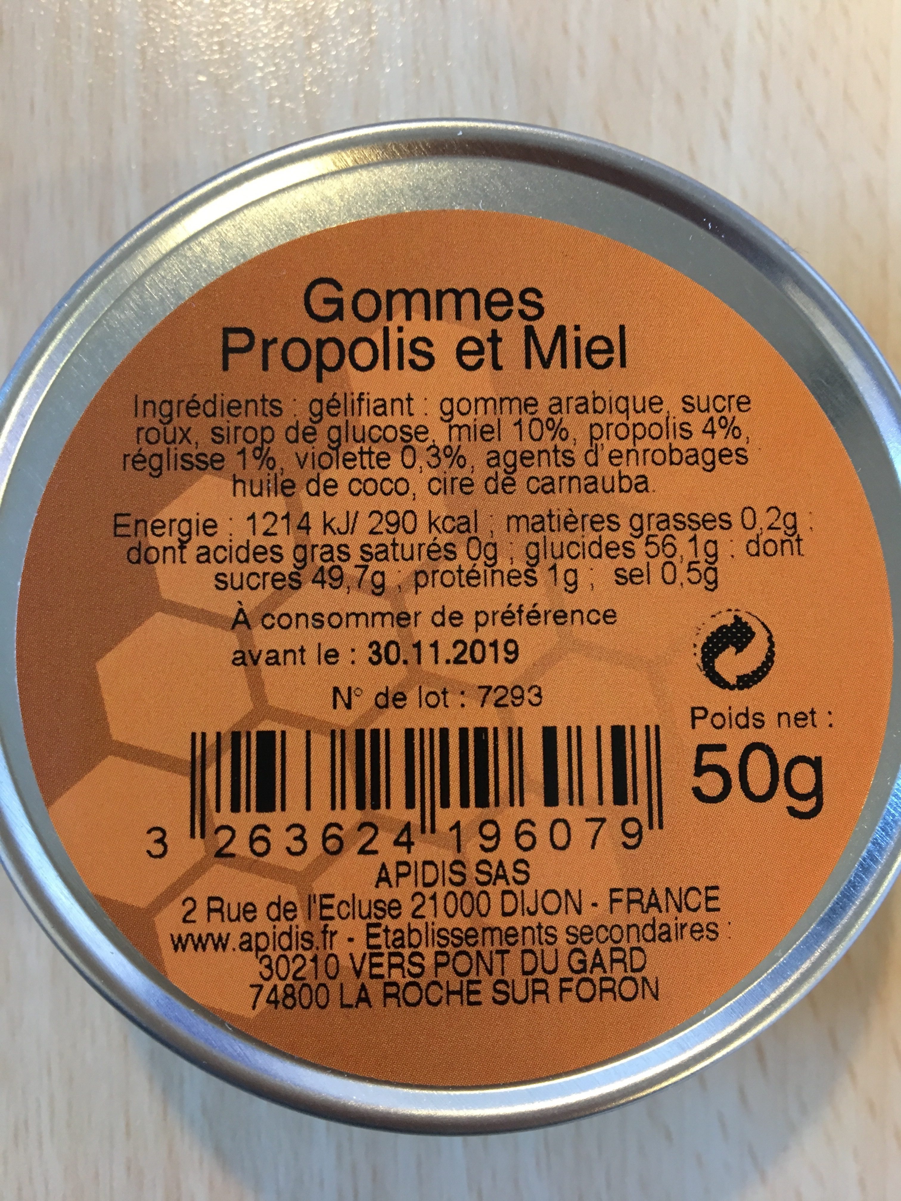 Gommes Propolis et Miel - Ingredients - fr