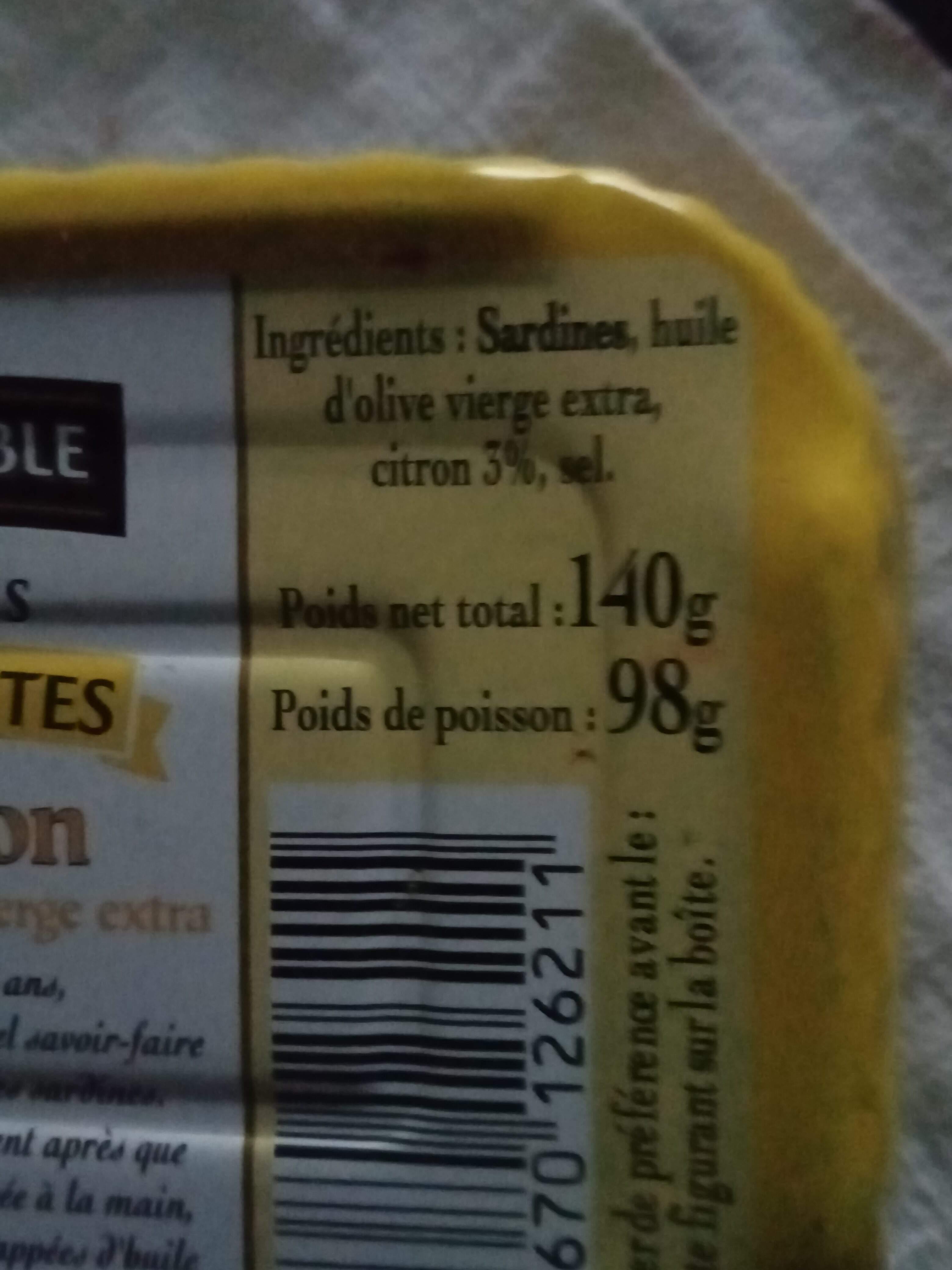 Sardines sans arêtes au citron et à l'huile d'olive vierge extra - Tableau nutritionnel