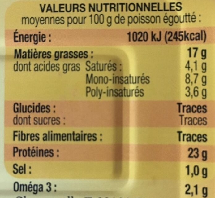 1/5 sardines généreuses à l'huile d'olive - Tableau nutritionnel