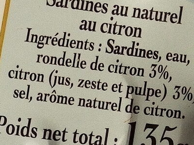 La Sardine Nature et sa rondelle de Citron - Ingrédients