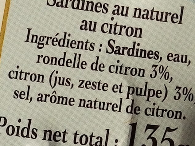 La Sardine Nature et sa rondelle de Citron - Ingrédients