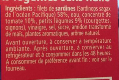 Filets de Sardines Tomates et Petits Légumes sans Huile - Ingrédients