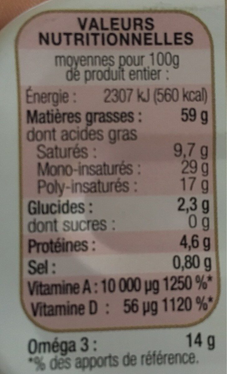 Foie de Morue nature au sel de Guérande 121g Cble - Tableau nutritionnel