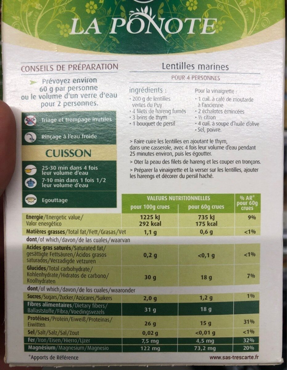 Lentilles Vertes du Puy - Tableau nutritionnel