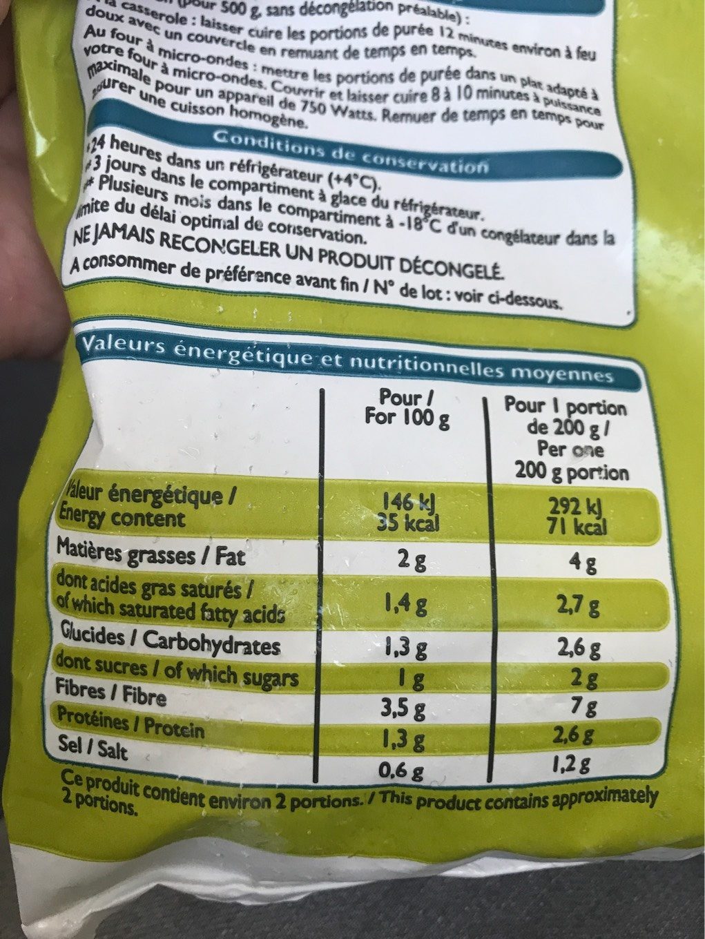 Purée De Légumes Verts 500 g - Tableau nutritionnel