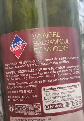 Vinaigre balsamique de Modène - Tableau nutritionnel