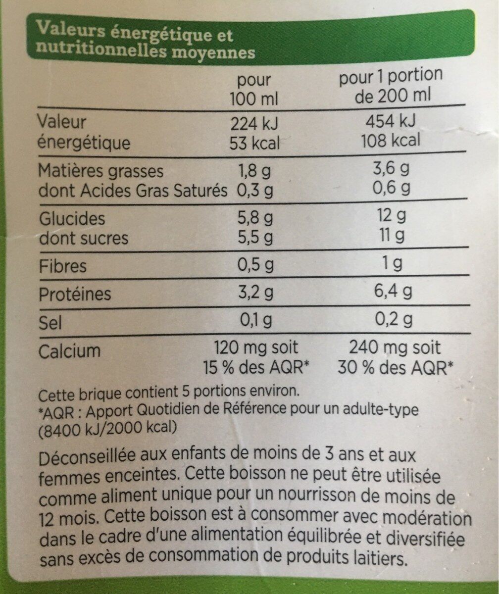 boisson soja vanille bio - Tableau nutritionnel