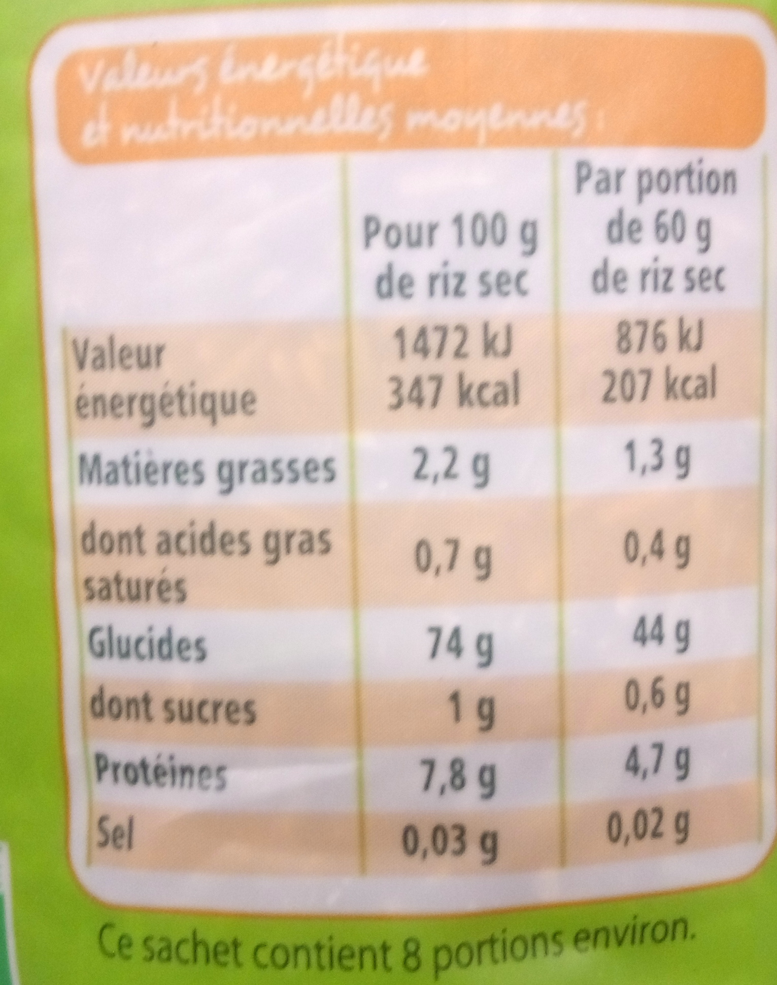 Riz long complet bio - Nutrition facts - fr