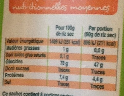Fiche nutrition Riz basmati Bio Leader Price 500 g