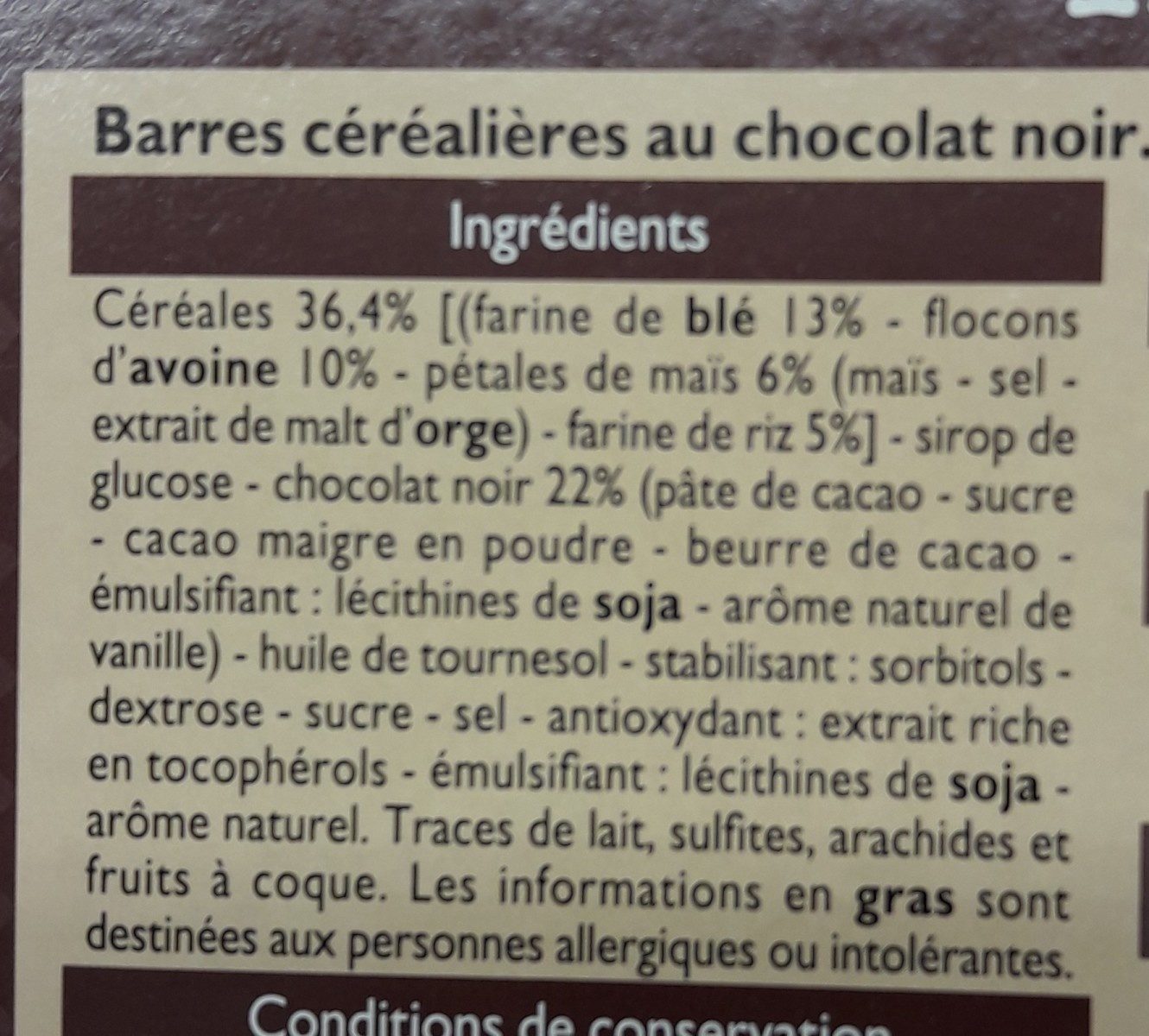 Barres Céréalières chocolat noir - Ingredientes - fr