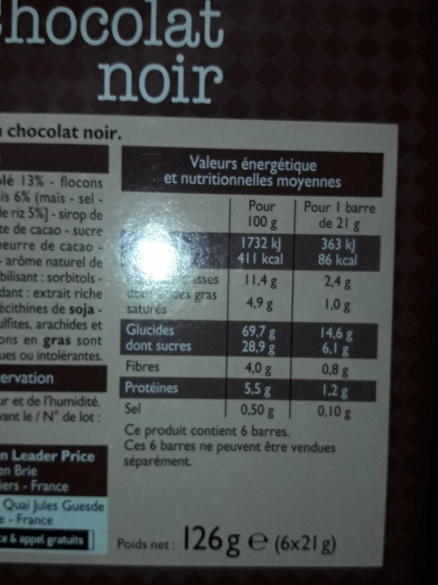 Barres Céréalières chocolat noir - Información nutricional - fr