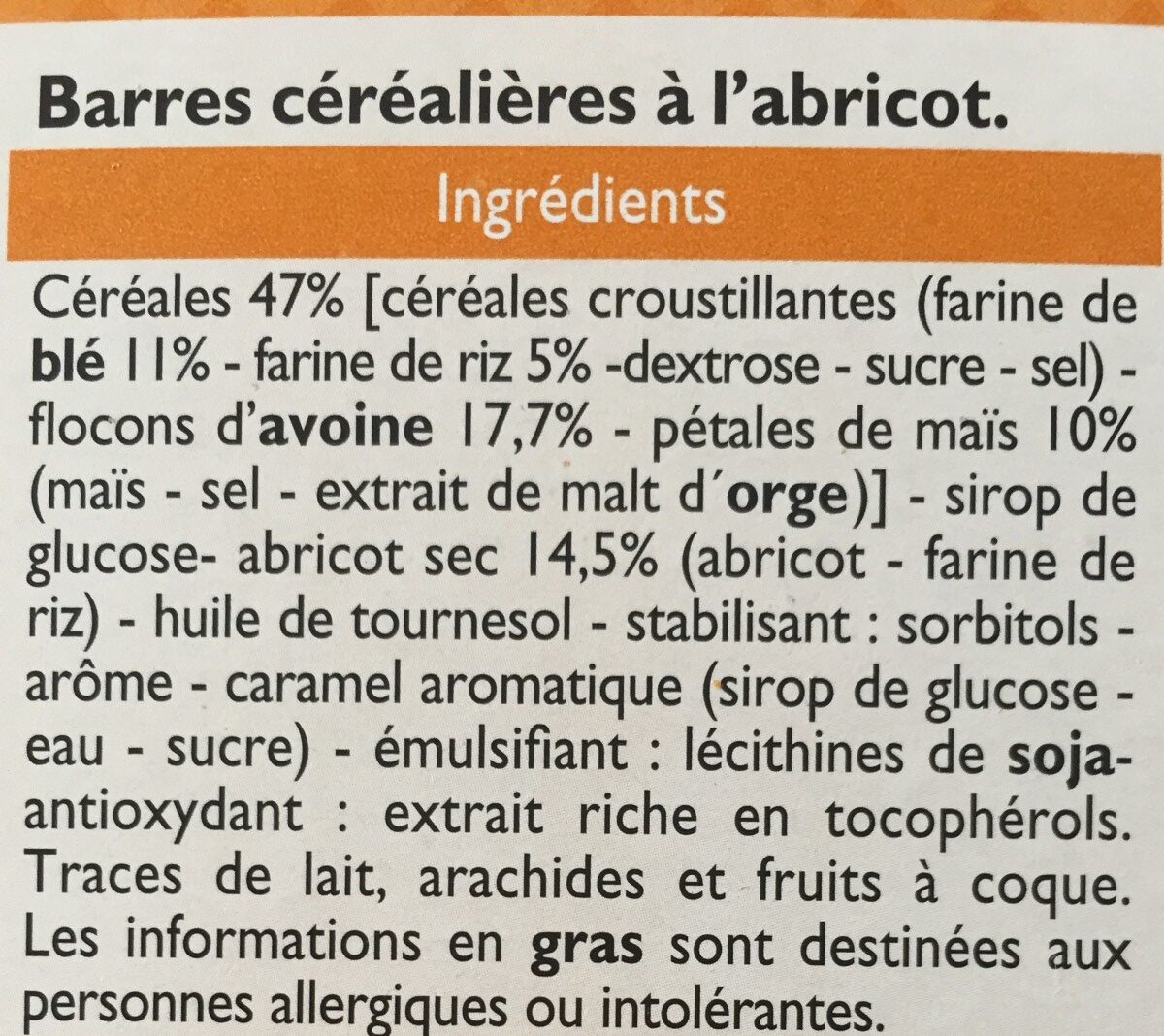 Barres cerealieres abricot - Ingredients - fr