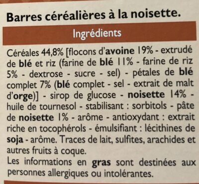 Barres céréales Noisette - Ingredientes - fr