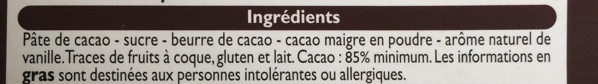 Chocolat Noir Dégustation 85% de Cacao - Ingredienser - fr