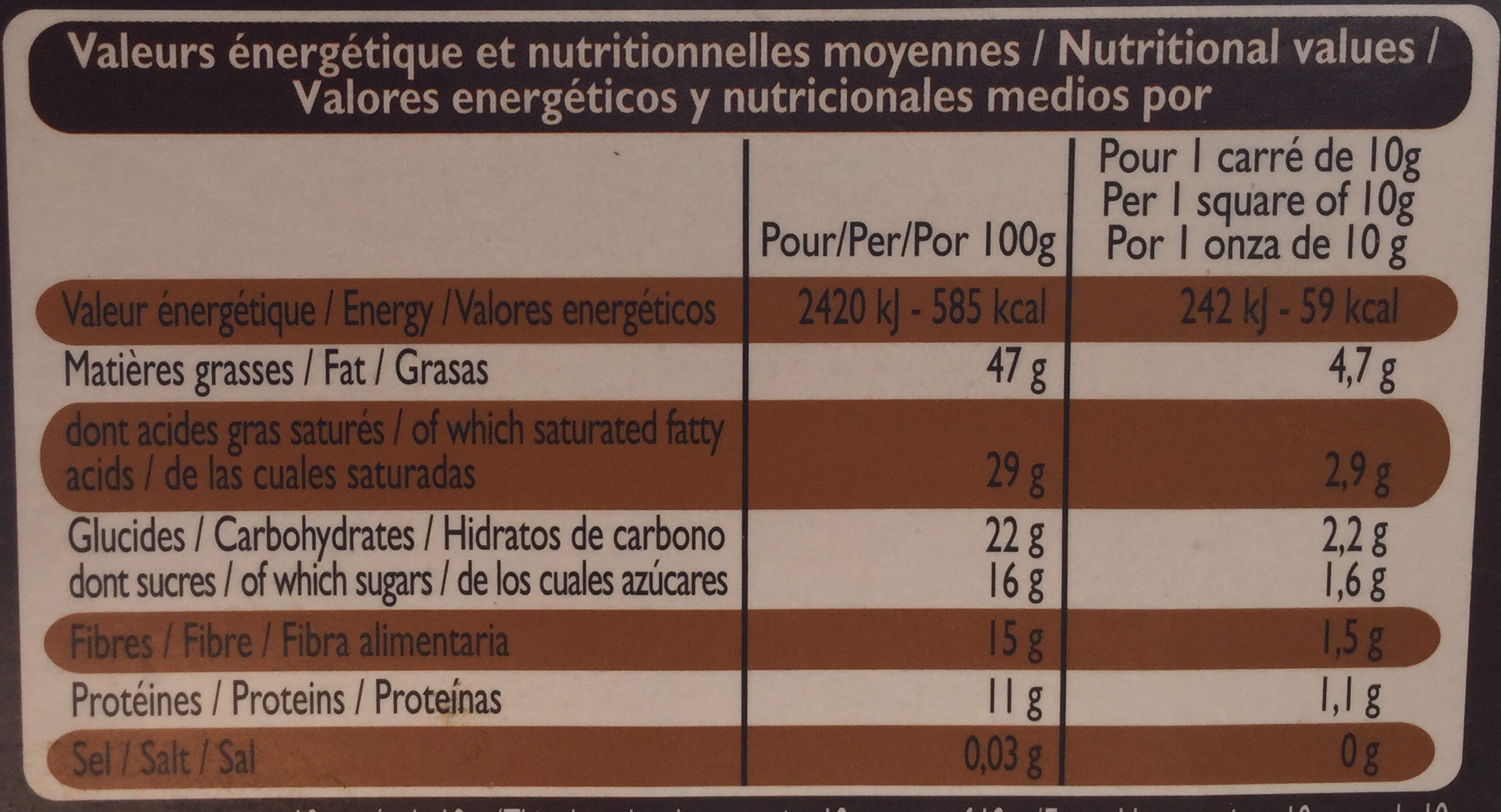 Chocolat Noir Dégustation 85% de Cacao - Näringsfakta - fr