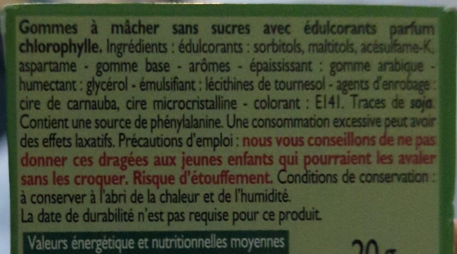 Dragées parfum chlorophylle - Ingredients - fr