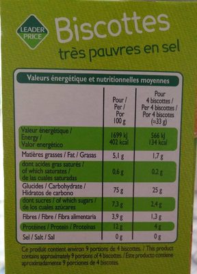Biscottes très pauvres en sel (36 biscottes) - Nutrition facts - fr