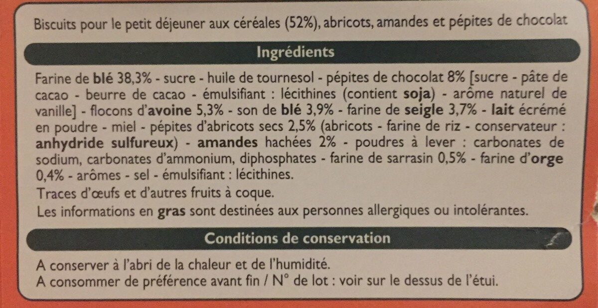 Biscuits P'tit Déj Abricots, Amandes et Pépites de chocolat - Ingredients - fr