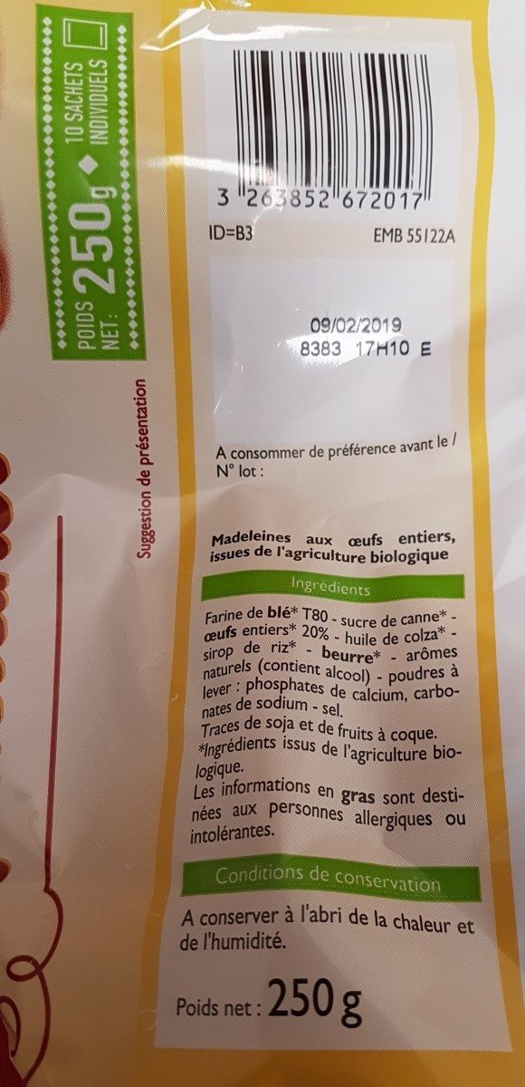 Madeleines bio - Ingredients - fr