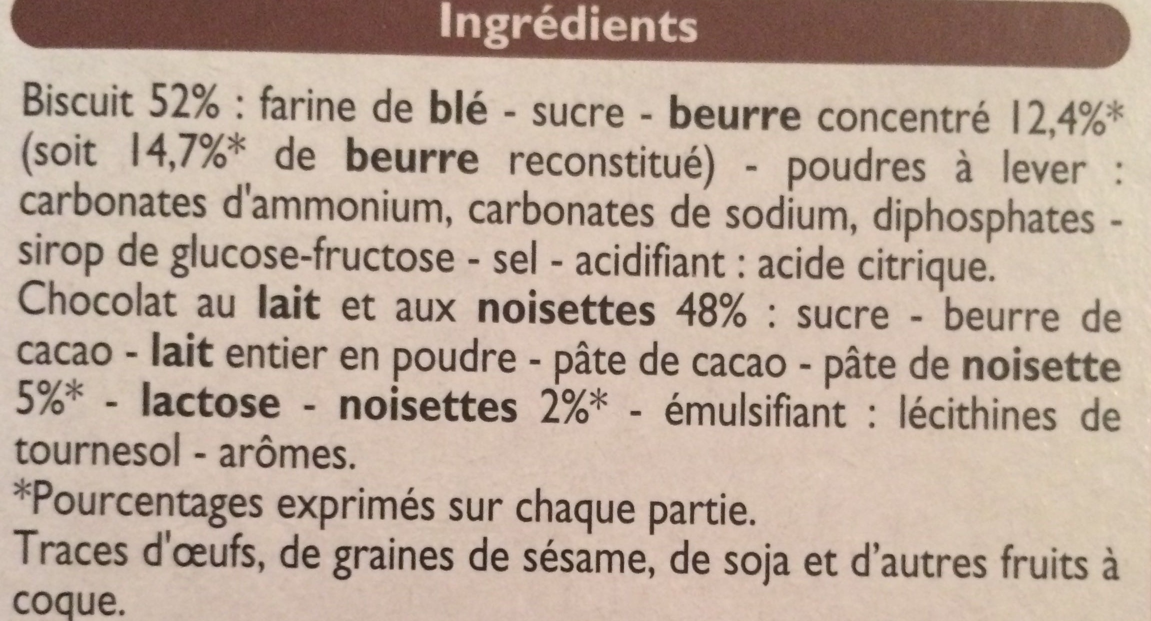 P'tit Sacripant, Petits Beurre Chocolat au Lait aux Noisettes - Ingredientes - fr