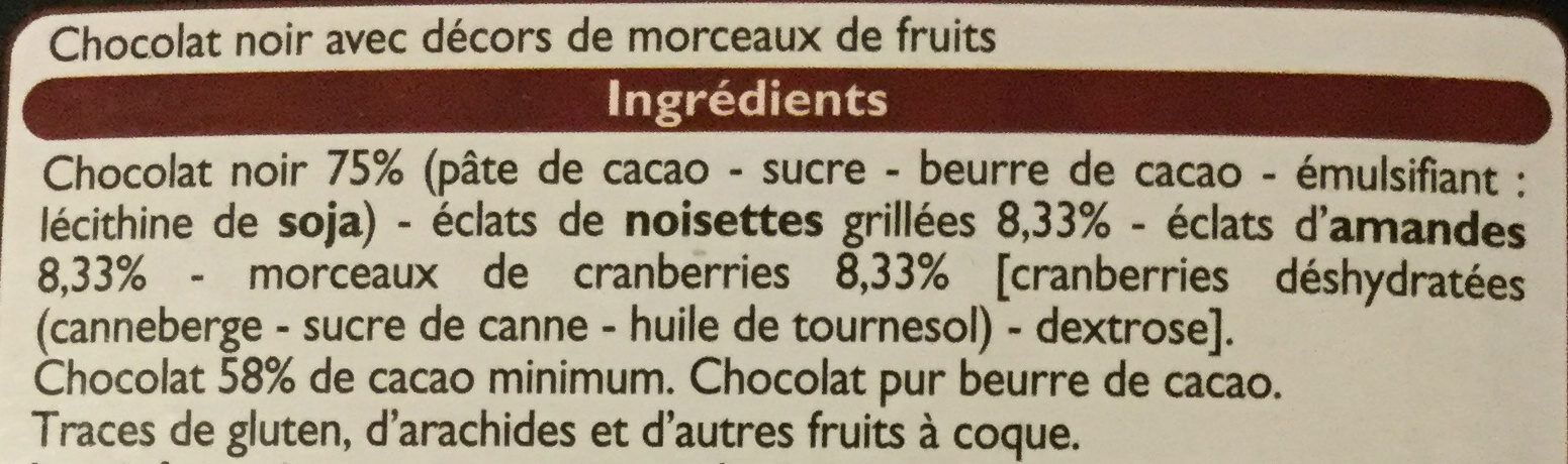 Chocolat noir - amandes, noisettes et cranberries - Ingredienser - fr