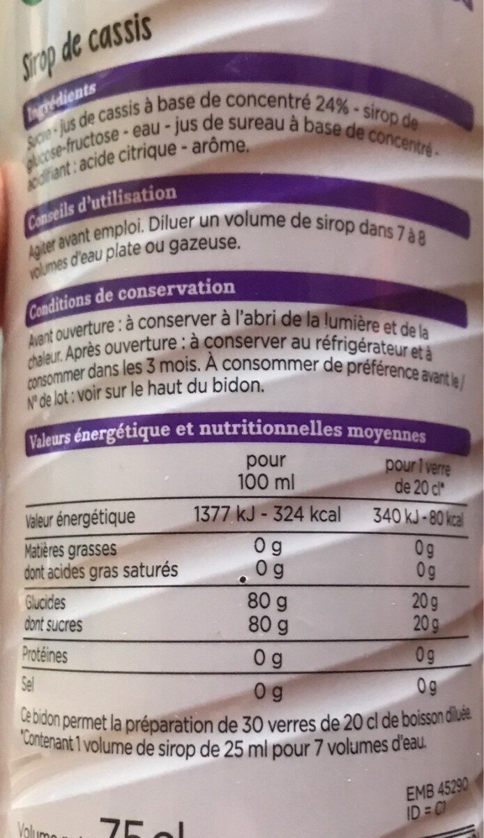 Sirop de cassis - Nutrition facts - fr