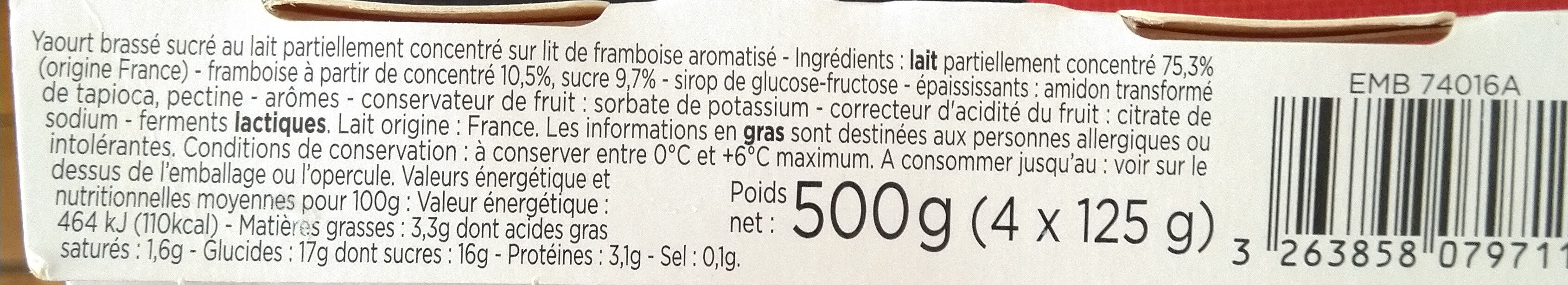 yaourt brassé lait entier lit framboise - Ingredientes - fr