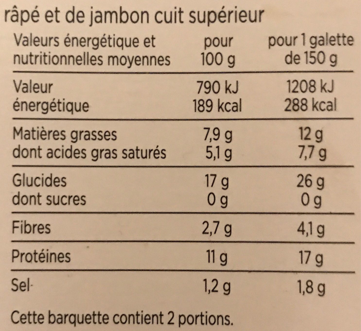 2 Galettes jambon emmental - Tableau nutritionnel