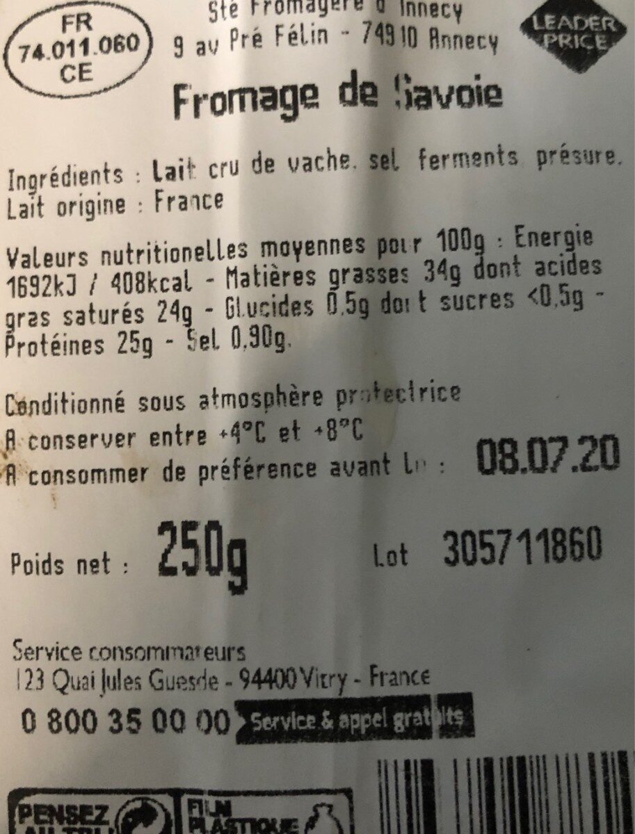 Fromage de Savoie - Nutrition facts - fr