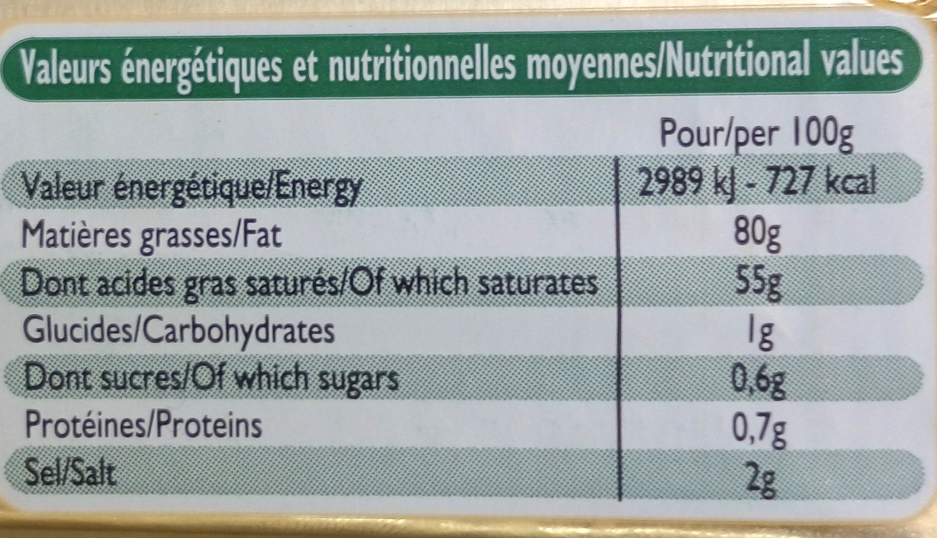 Beurre demi-sel - Nutrition facts - fr
