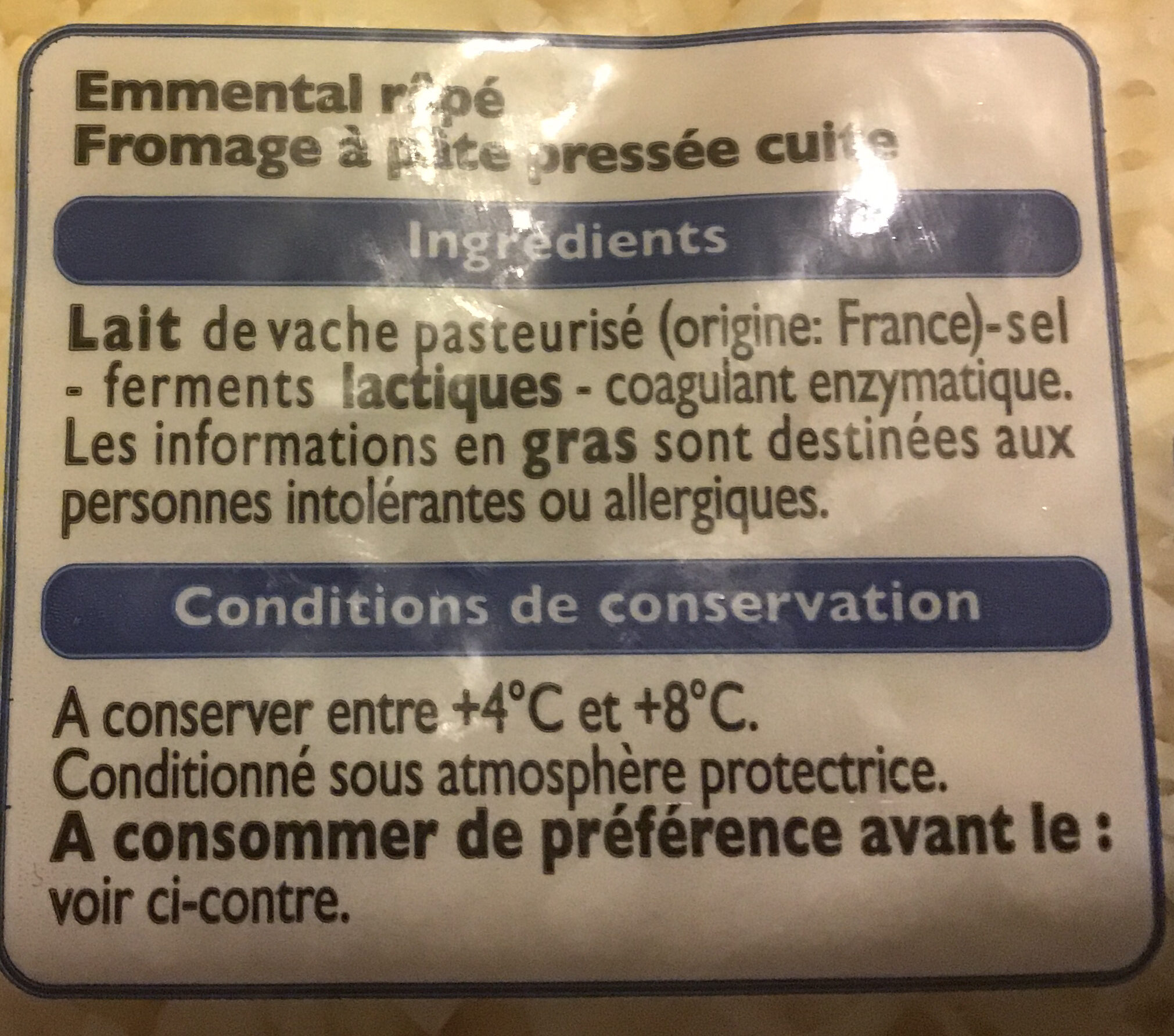 Emmental Français Râpé (28 % MG) - Ingredients