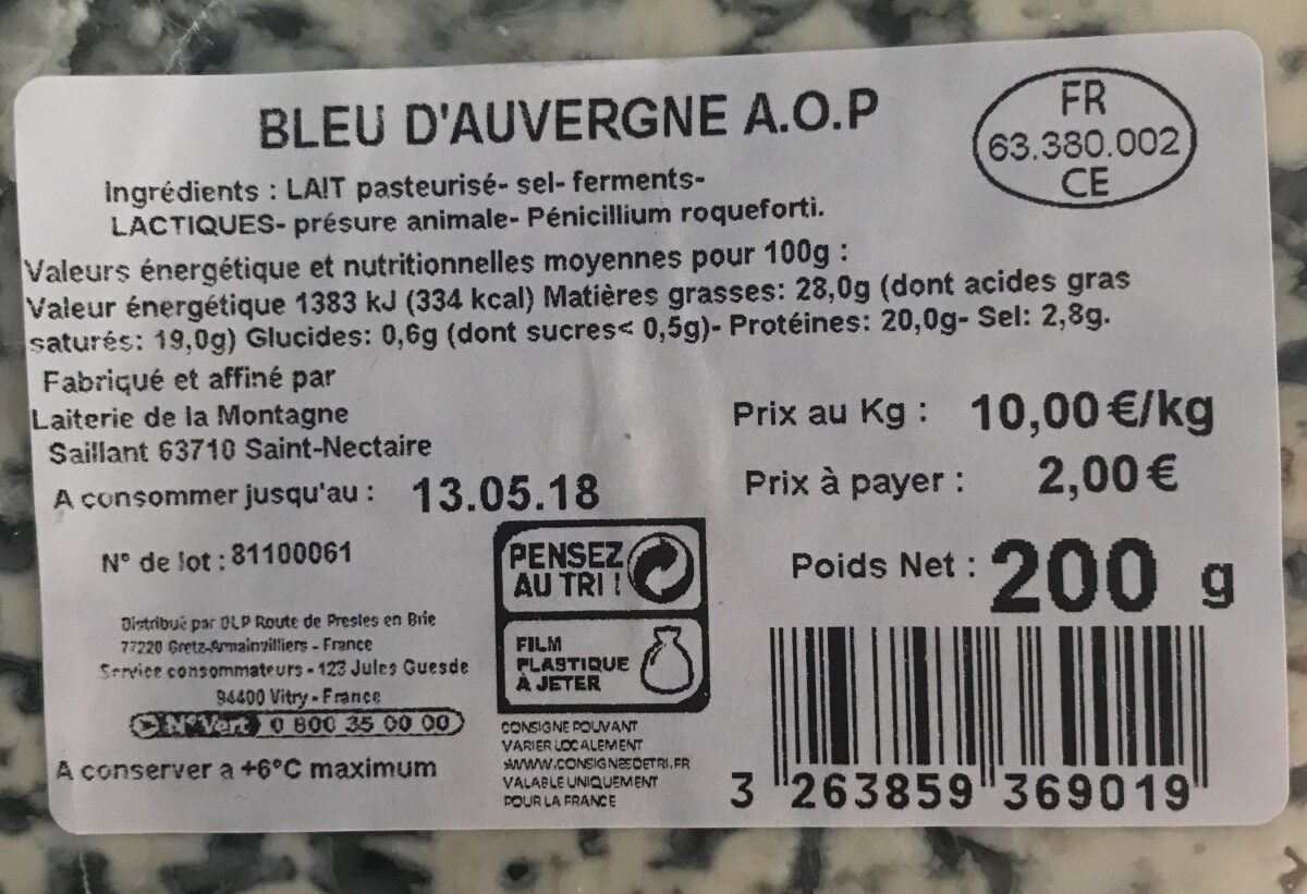 BLEU D'AUVERGNE A.O.P - Ingrédients