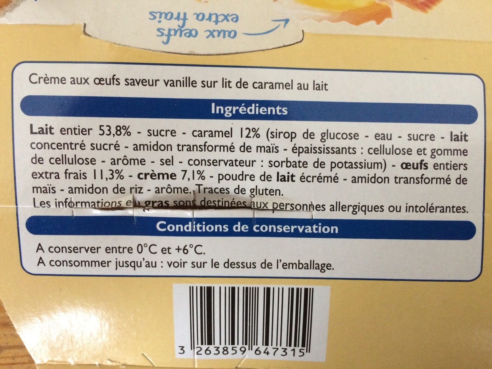 Crème aux Œufs Saveur Vanille sur lit de caramel - Ingredientes - fr